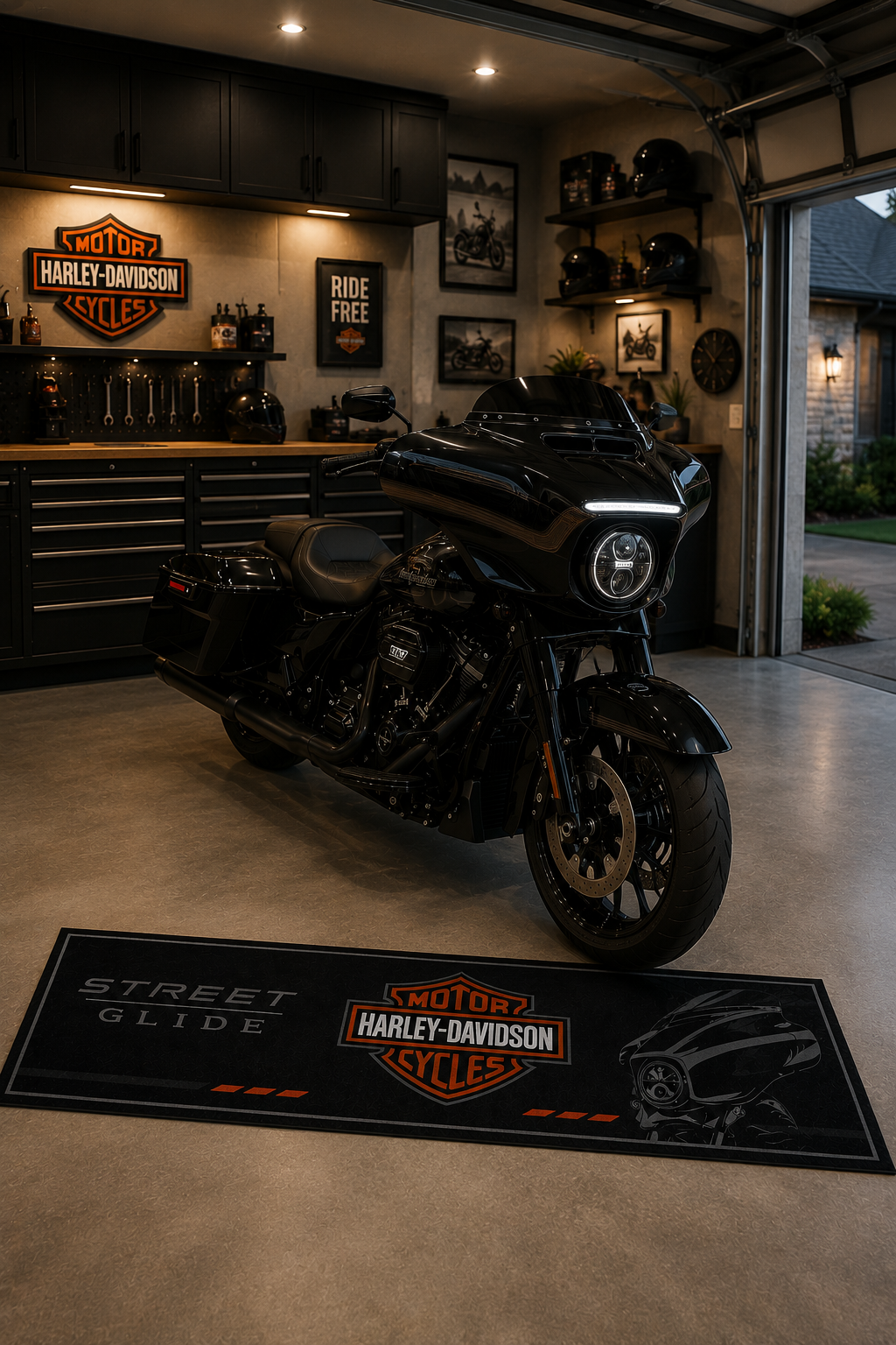 Harley Davidson Streed Glide Motorcycle Garage Floor Mat 32x87 Inches Premium Showroom Rug