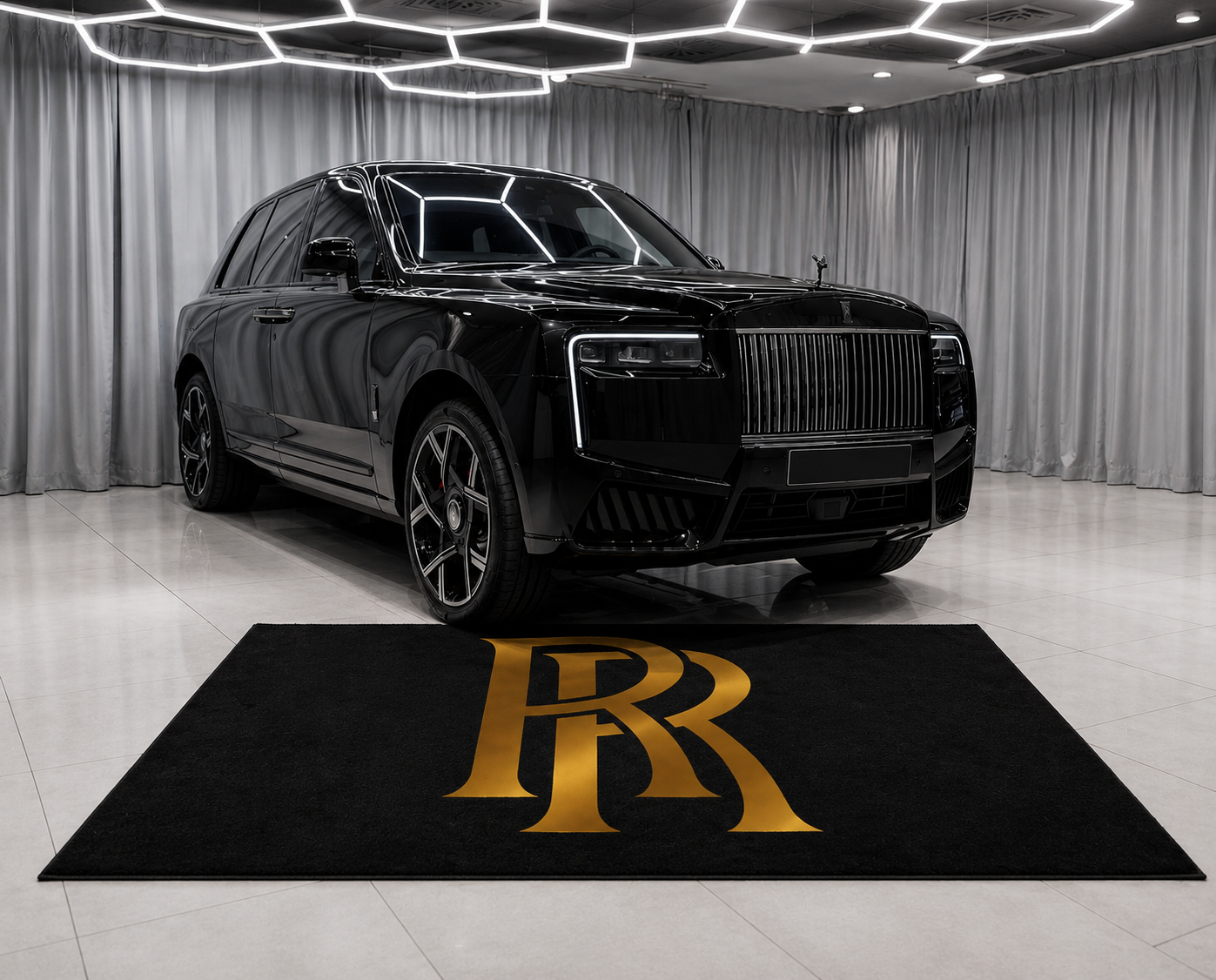 Rolls Royce Garage Floor Mat 5x7 FT (60x87 Inches) Premium Showroom Rug Wall Decor GOLD