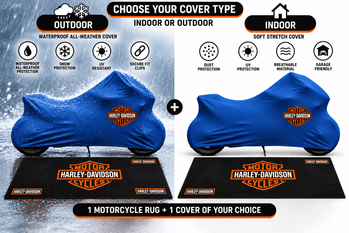 Harley Davidson Motorcycle Cover & Garage Rug Bundle – Custom Fit Indoor or Waterproof Outdoor Cover