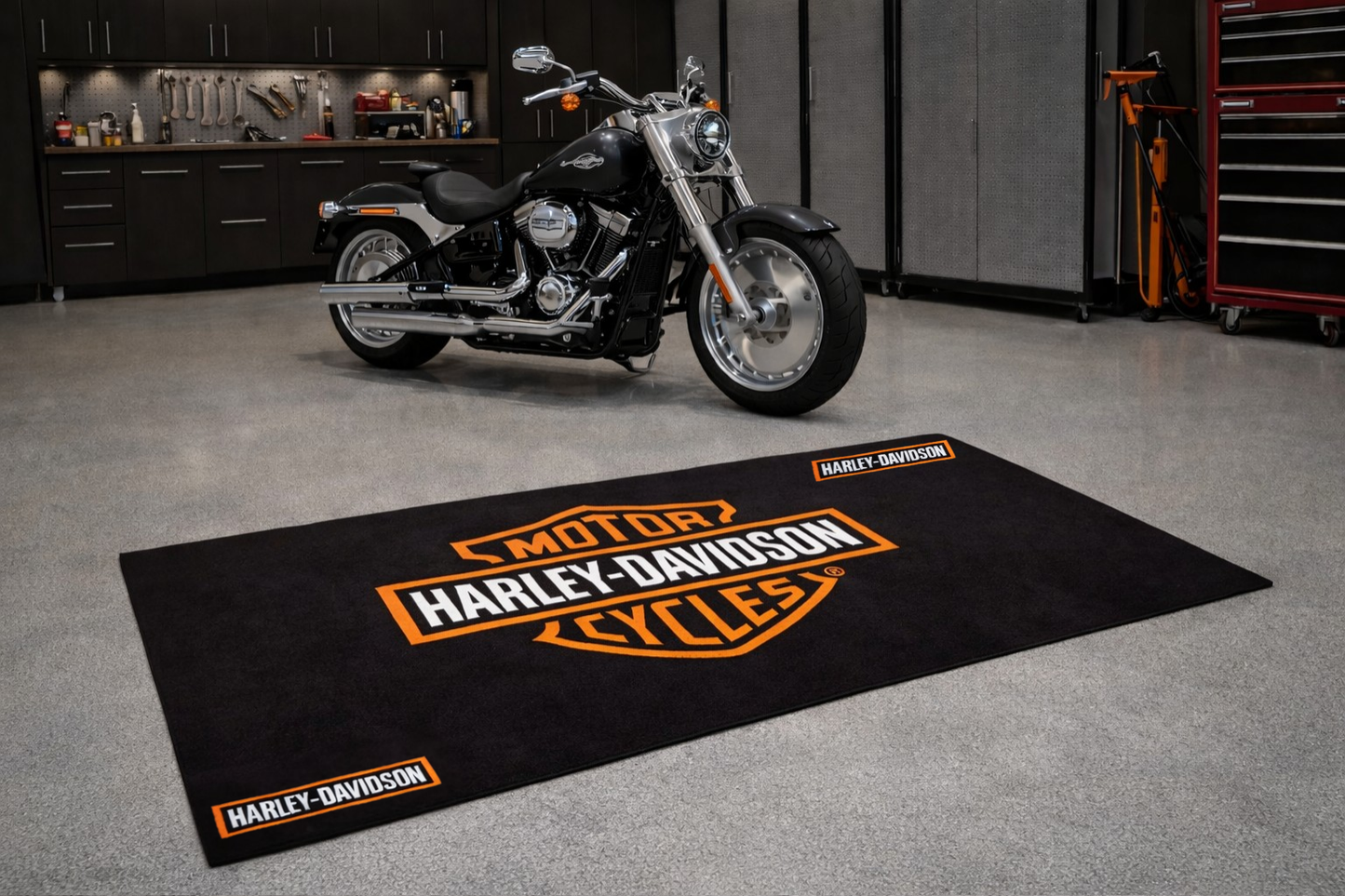 Harley Davidson Motorcycle Garage Floor Mat 32x87 Inches Premium Showroom Rug & Wall Decor Racing Style Bike Carpet
