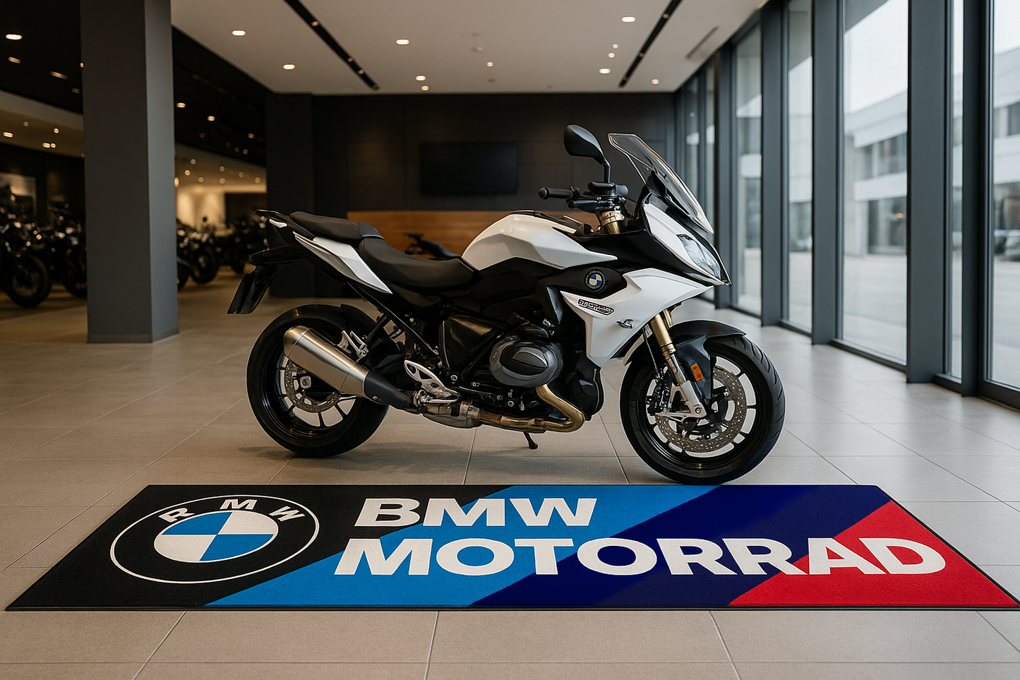 BMW Motorcycle Garage Floor Mat 32x87 Inches Premium Showroom Rug & Wall Decor Racing Style Bike Carpet