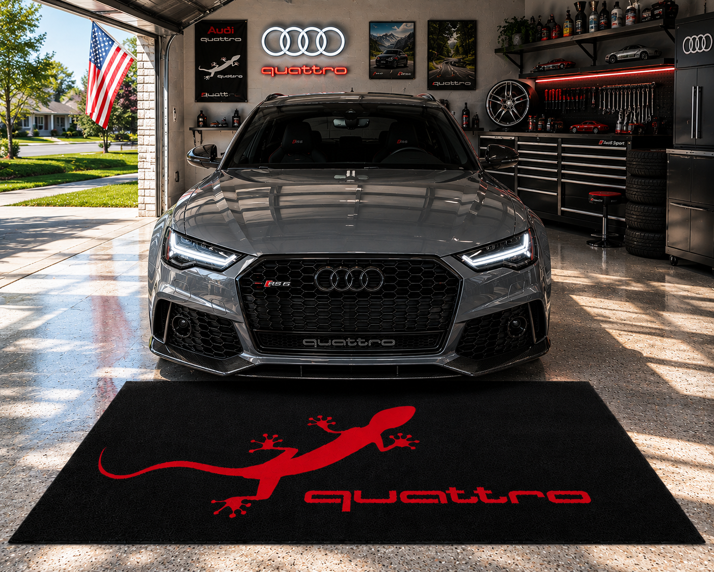 Audi Quattro Garage Floor Mat 5x7 FT (60x87 Inches) Showroom Rug