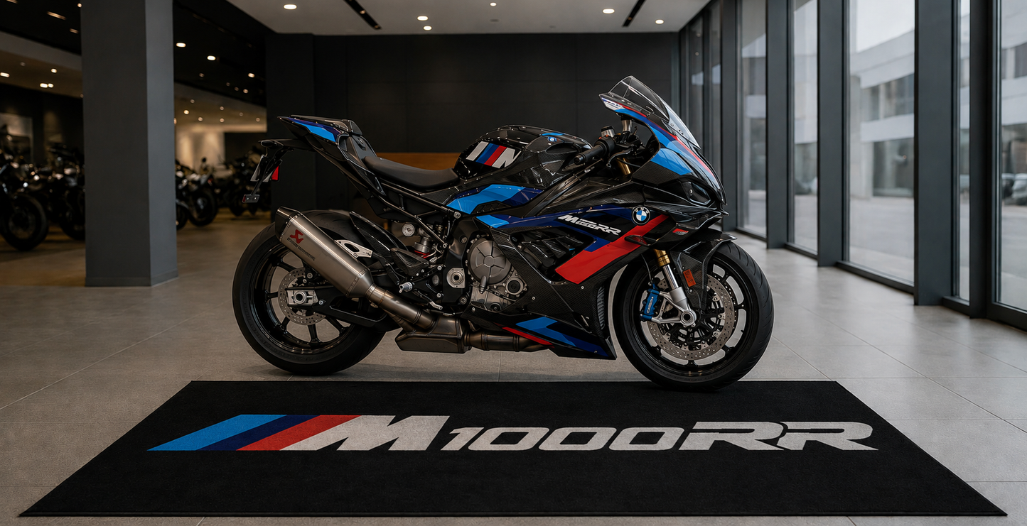 BMW M1000RR Motorcycle Garage Floor Mat 32x87 Inches Showroom Rug