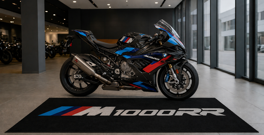 BMW M1000RR Motorcycle Garage Floor Mat 32x87 Inches Showroom Rug