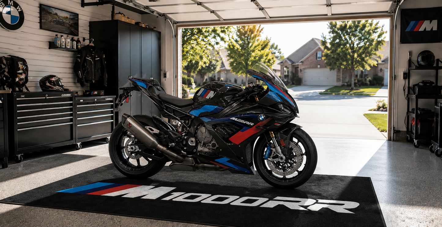 BMW M1000RR Motorcycle Garage Floor Mat 32x87 Inches Showroom Rug
