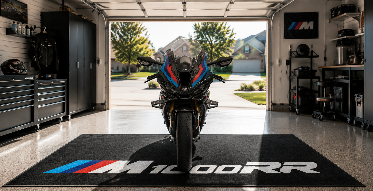 BMW M1000RR Motorcycle Garage Floor Mat 32x87 Inches Showroom Rug
