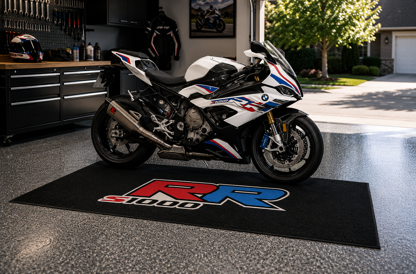 BMW S1000RR Motorcycle Garage Floor Mat 32x87 Inches Showroom Rug