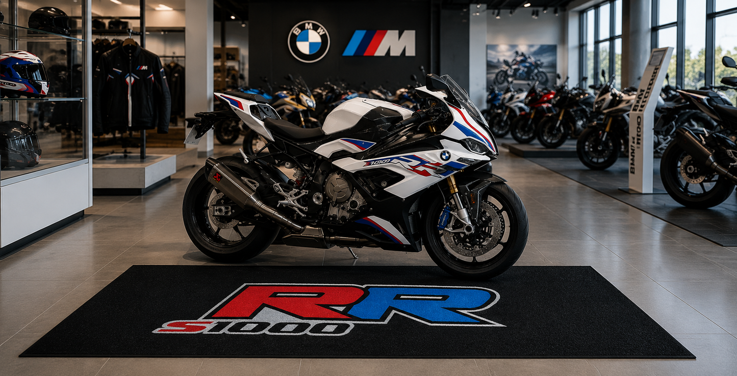 BMW S1000RR Motorcycle Garage Floor Mat 32x87 Inches Showroom Rug