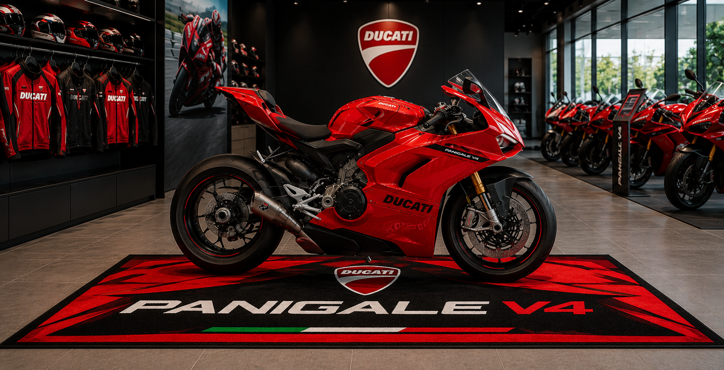 Ducati Panigale V4 Motorcycle Garage Floor Mat 32x87 Inches Premium Showroom Rug