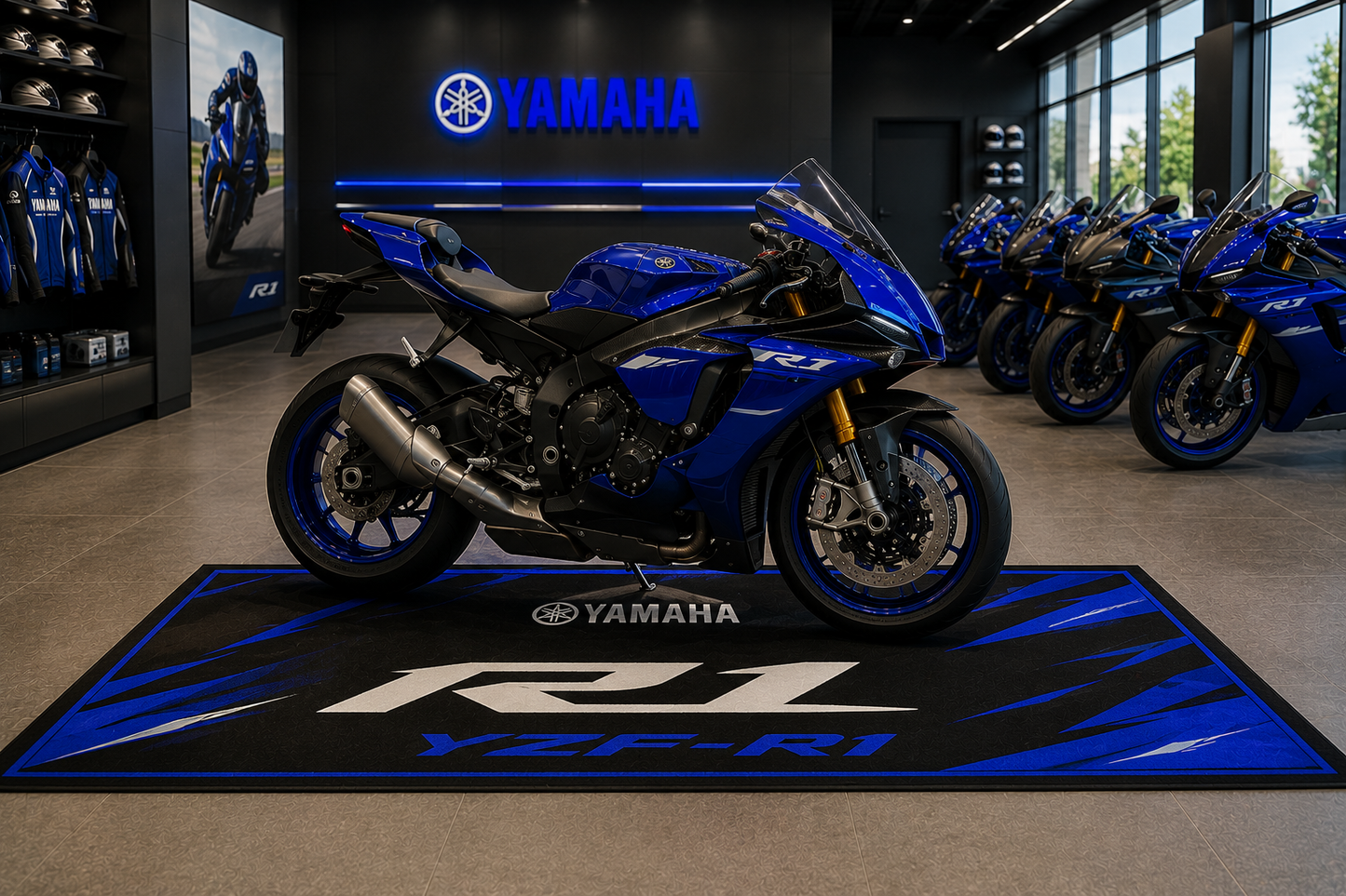Yamaha YZF-R1 Motorcycle Garage Floor Mat 32x87 Inches Premium Showroom Rug