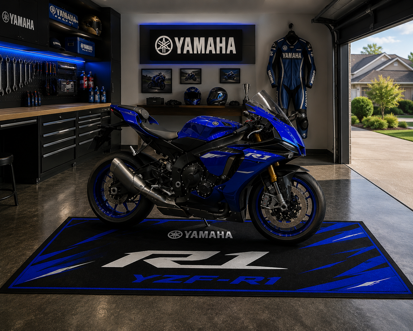 Yamaha YZF-R1 Motorcycle Garage Floor Mat 32x87 Inches Premium Showroom Rug
