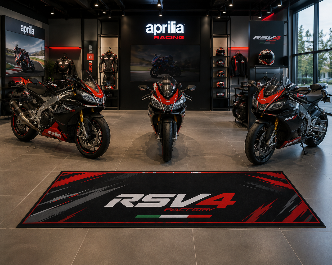Aprilia RSV4 Motorcycle Garage Floor Mat 32x87 Inches Showroom Rug