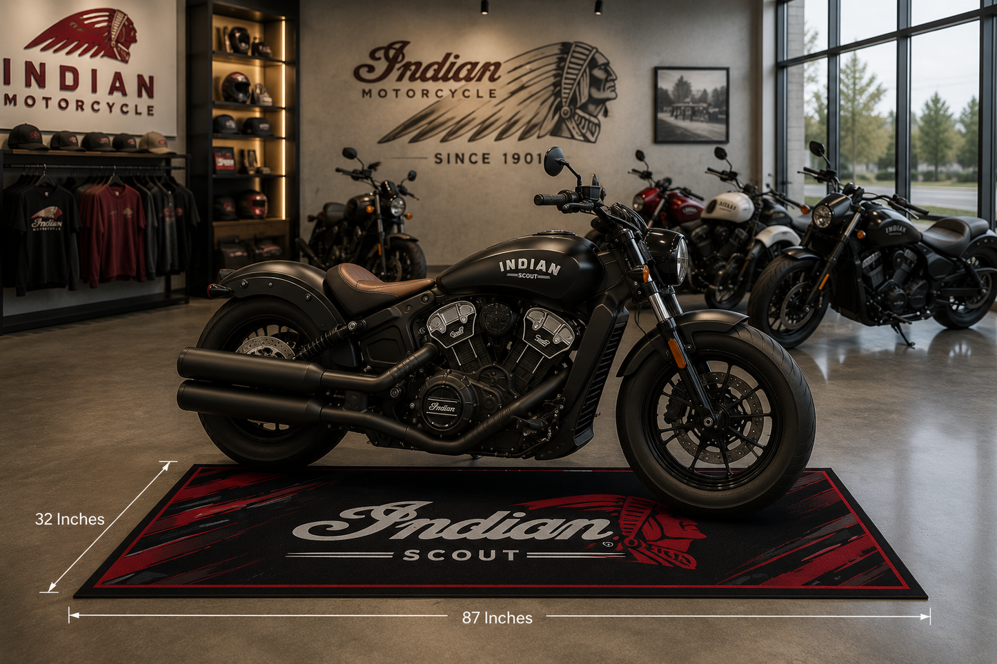 Indian Scout Motorcycle Garage Floor Mat 32x87 Inches Premium Showroom Rug