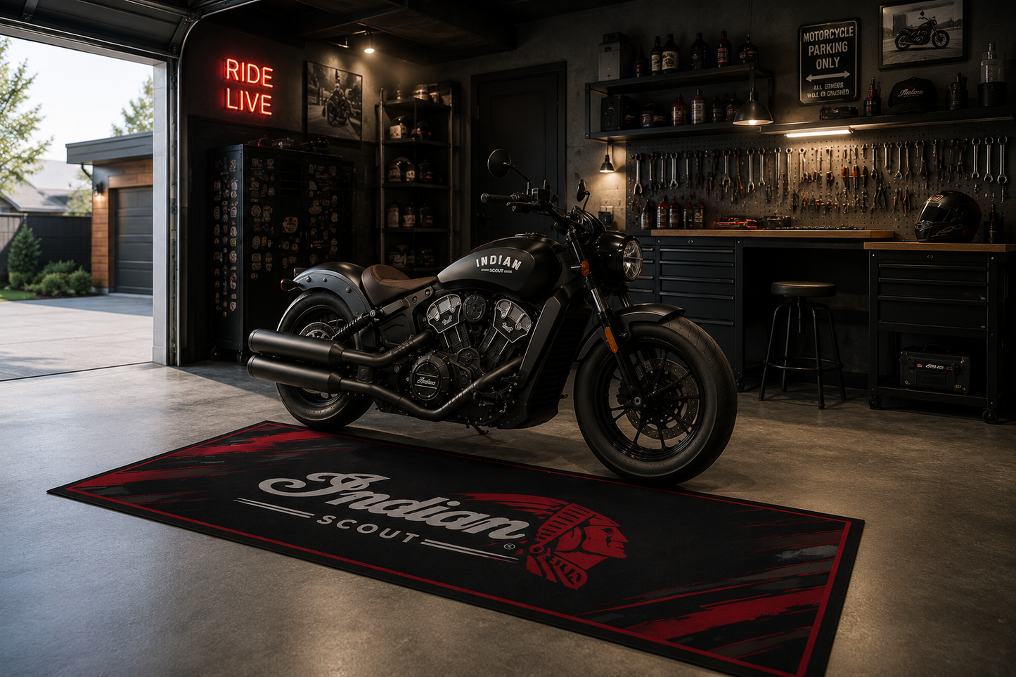 Indian Scout Motorcycle Garage Floor Mat 32x87 Inches Premium Showroom Rug
