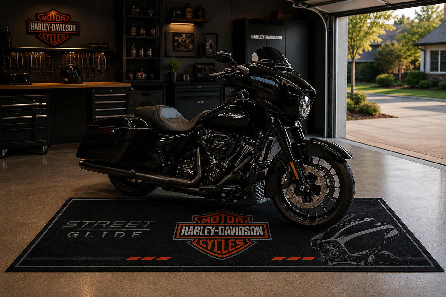 Harley Davidson Streed Glide Motorcycle Garage Floor Mat 32x87 Inches Premium Showroom Rug