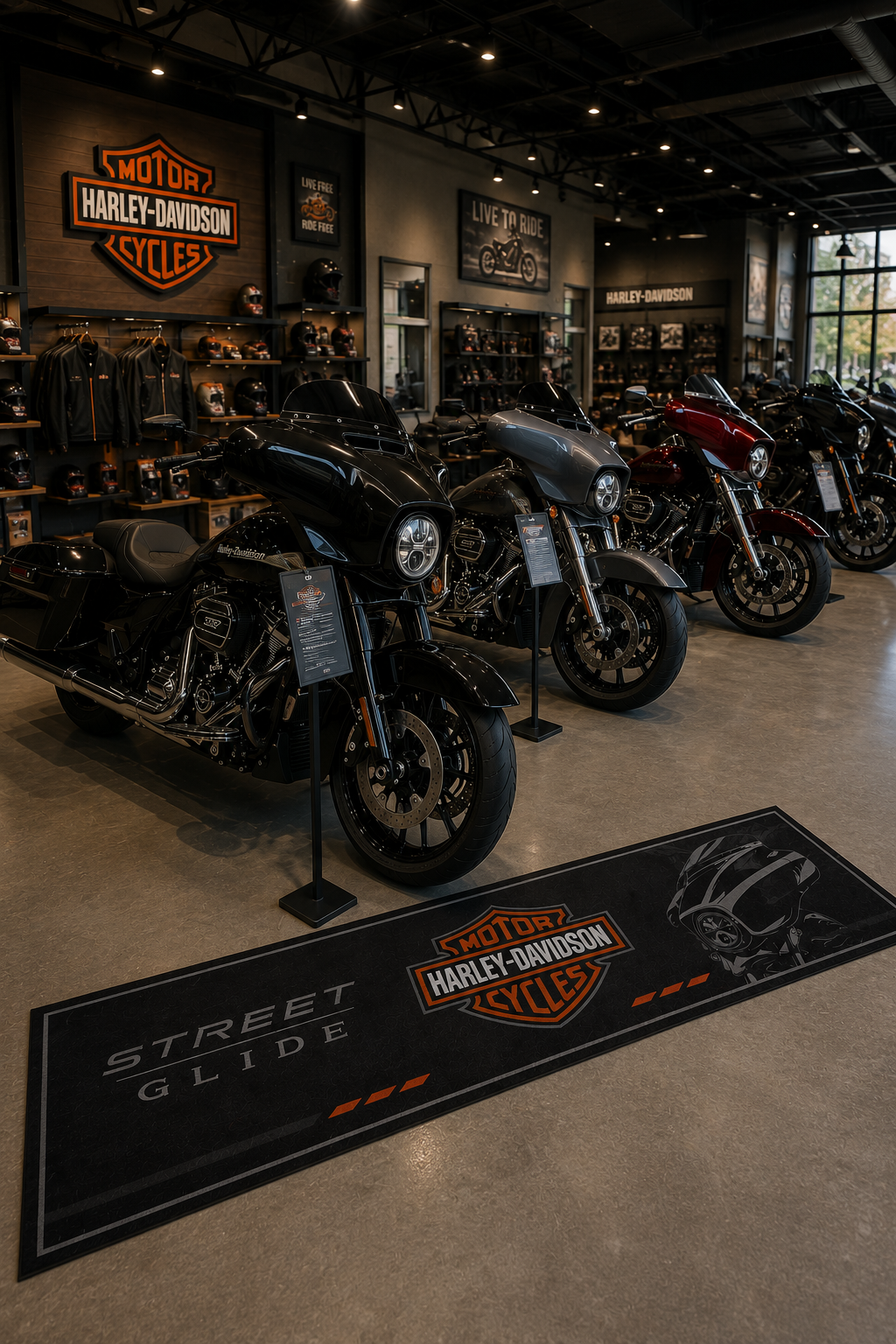 Harley Davidson Streed Glide Motorcycle Garage Floor Mat 32x87 Inches Premium Showroom Rug