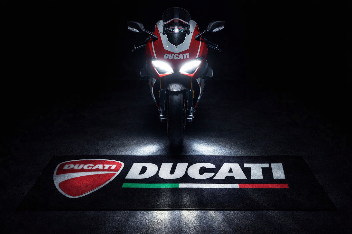 Ducati Motorcycle Garage Floor Mat 32x87 Inches Premium Showroom Rug & Wall Decor Racing Style Bike Carpet