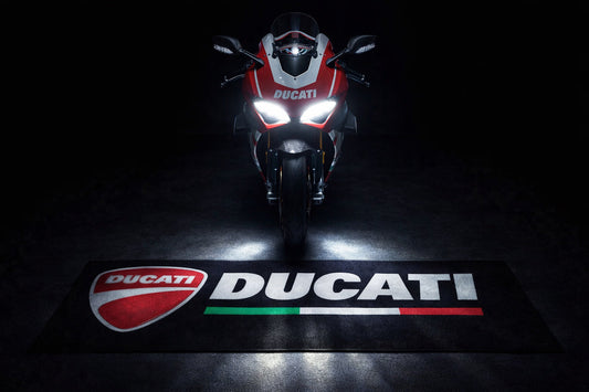 Ducati Motorcycle Garage Floor Mat 32x87 Inches Premium Showroom Rug & Wall Decor Racing Style Bike Carpet
