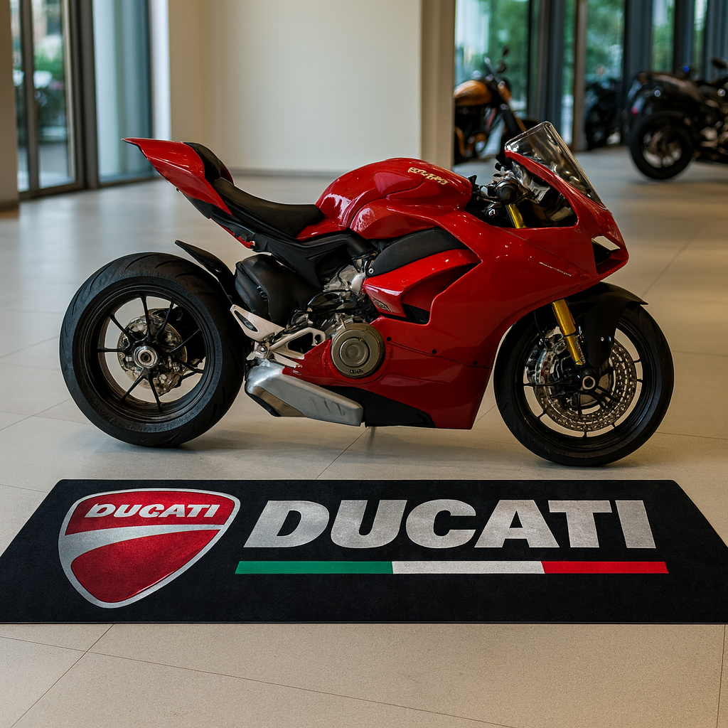 Ducati Motorcycle Garage Floor Mat 32x87 Inches Premium Showroom Rug & Wall Decor Racing Style Bike Carpet