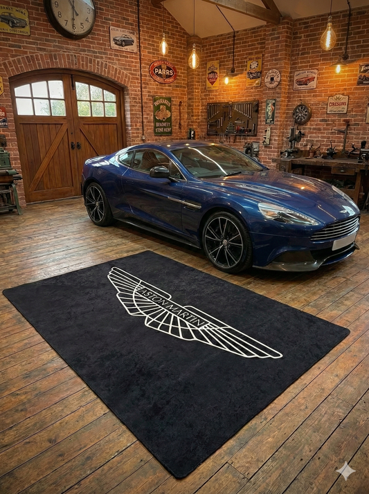 Aston Martin Garage Floor Mat 5x7 FT (60x87 Inches) Premium Showroom Rug & Wall Decor Luxury Racing Style