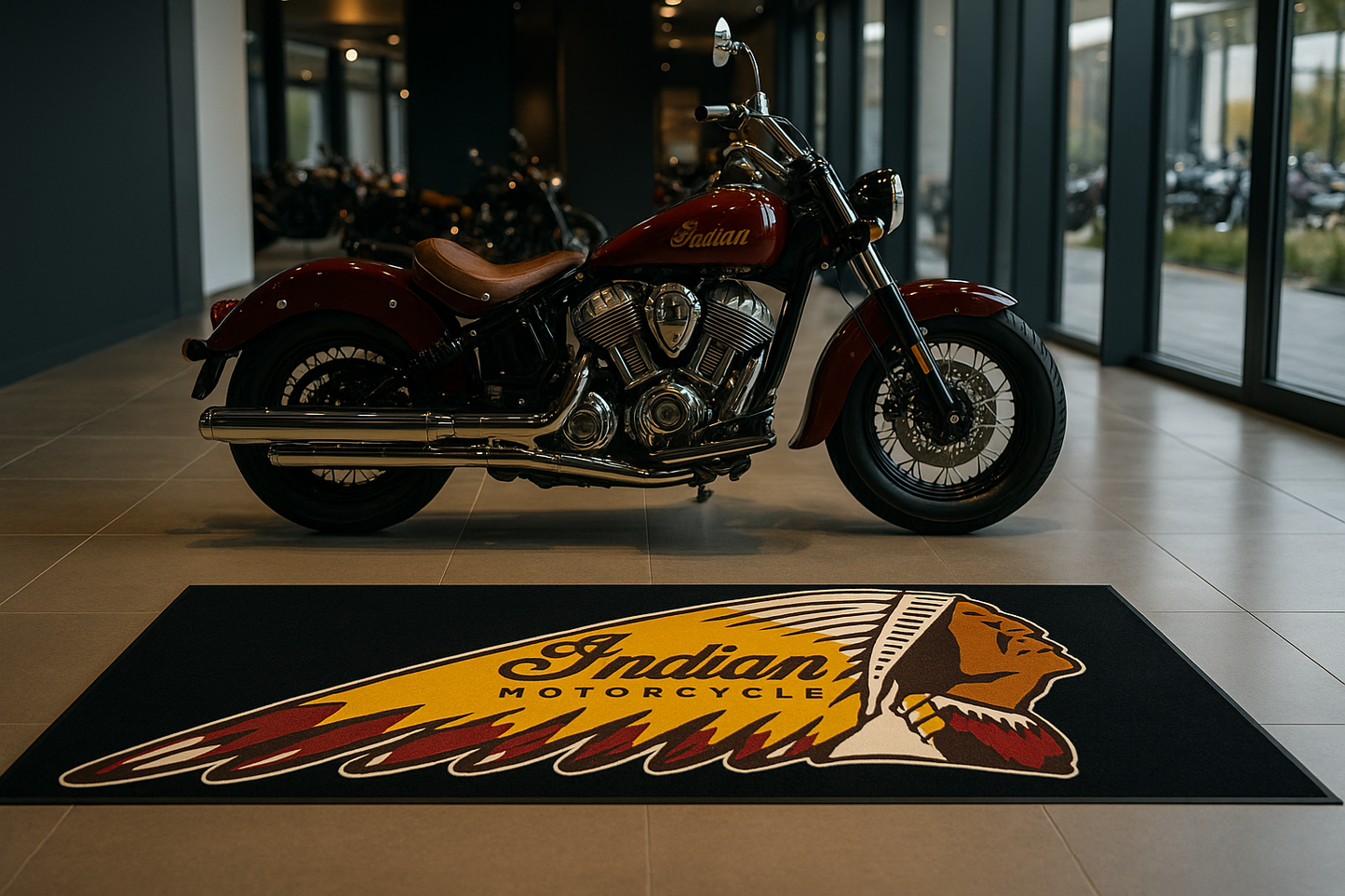 Indian Motorcycle Garage Floor Mat 32x87 Inches Premium Showroom Rug & Wall Decor Racing Style Bike Carpet