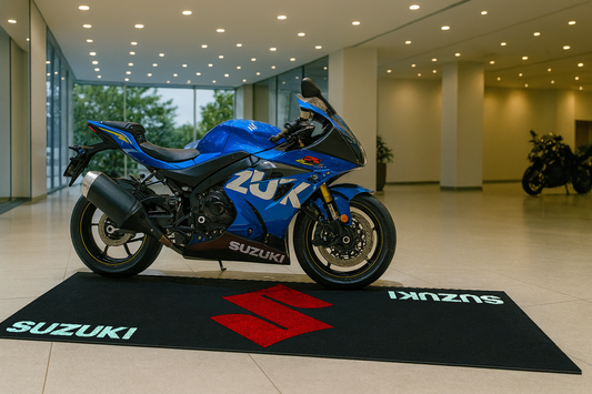 Suzuki Motorcycle Garage Floor Mat 32x87 Inches Premium Showroom Rug & Wall Decor Racing Style Bike Carpet