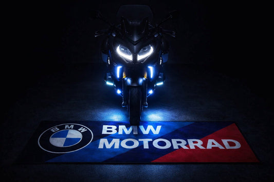 BMW Motorcycle Garage Floor Mat 32x87 Inches Premium Showroom Rug & Wall Decor Racing Style Bike Carpet