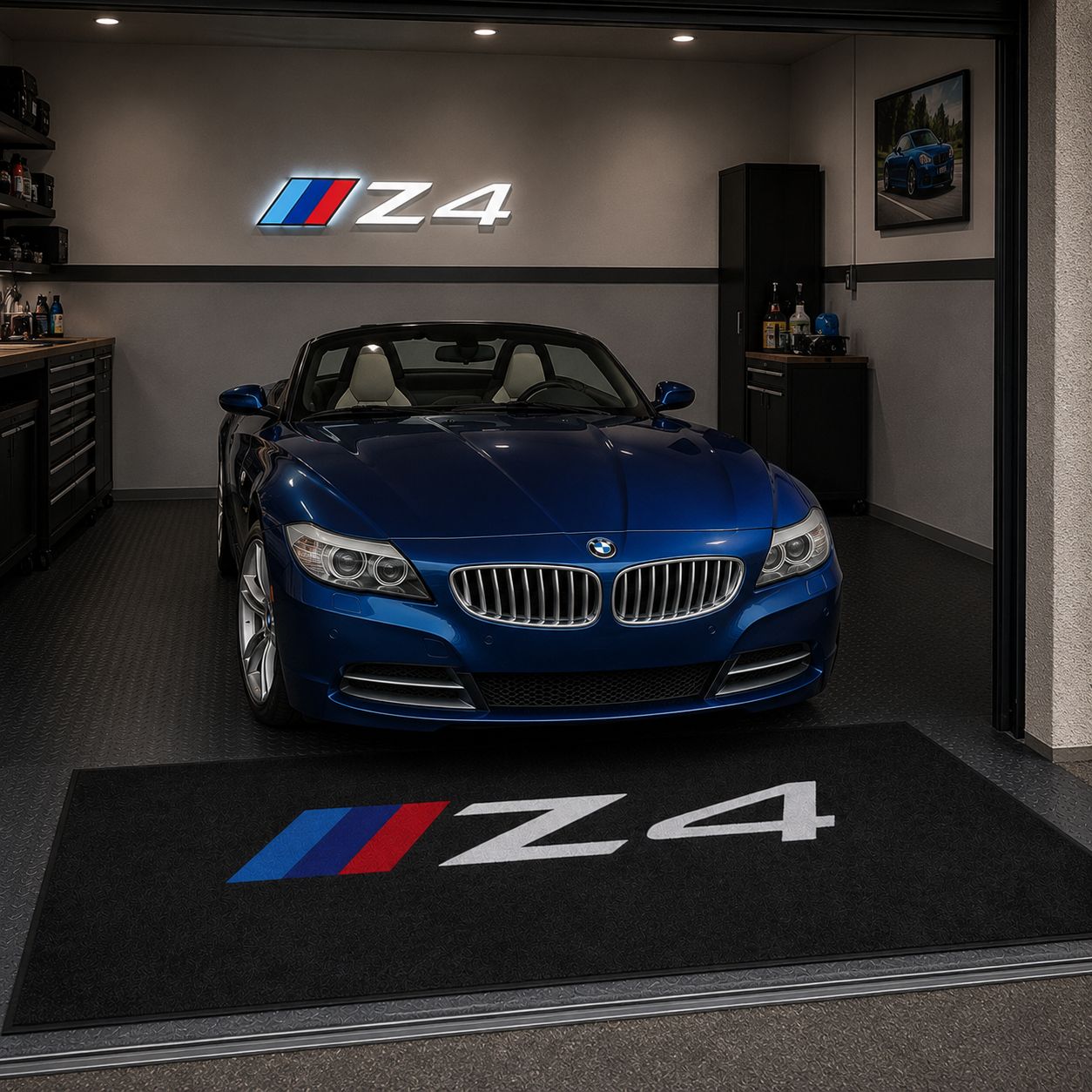 BMW Z4 Garage Floor Mat 5x7 FT (60x87 Inches) Premium Showroom Rug & Wall Decor Luxury Racing Style