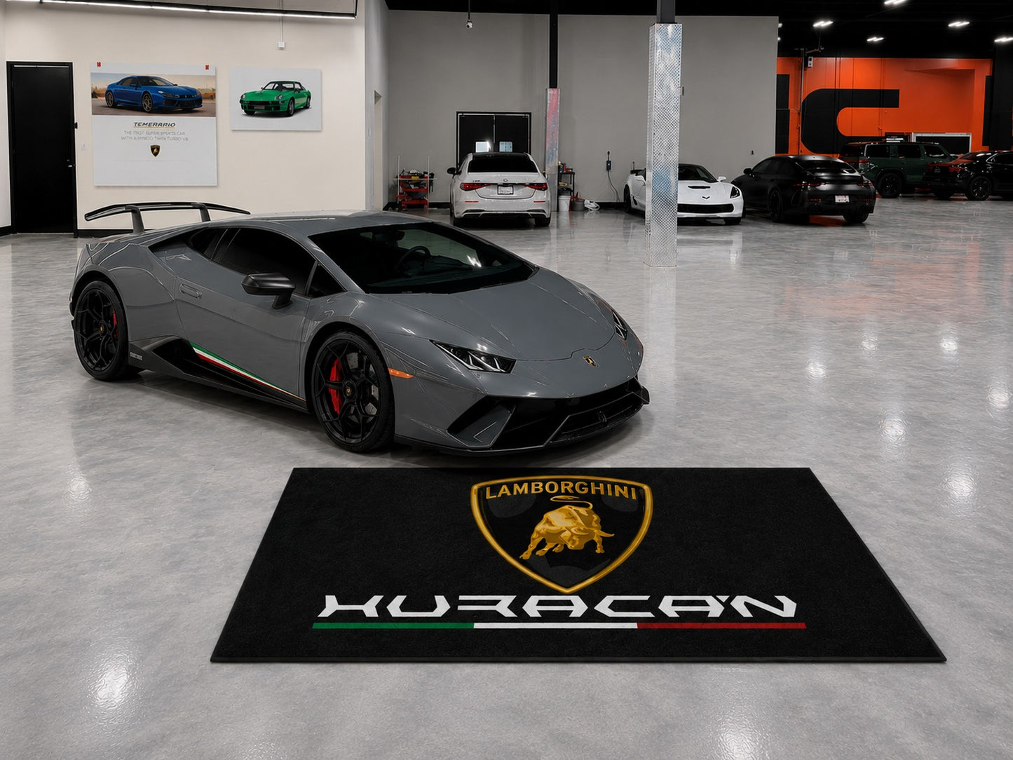 Lamborghini Garage Floor Mat 5x7 FT (60x87 Inches) Premium Showroom Rug & Wall Decor Luxury Racing Style