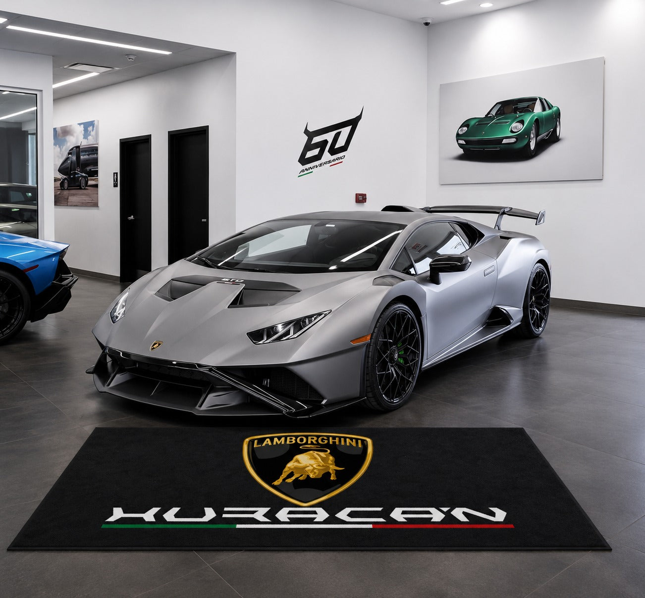 Lamborghini Garage Floor Mat 5x7 FT (60x87 Inches) Premium Showroom Rug & Wall Decor Luxury Racing Style