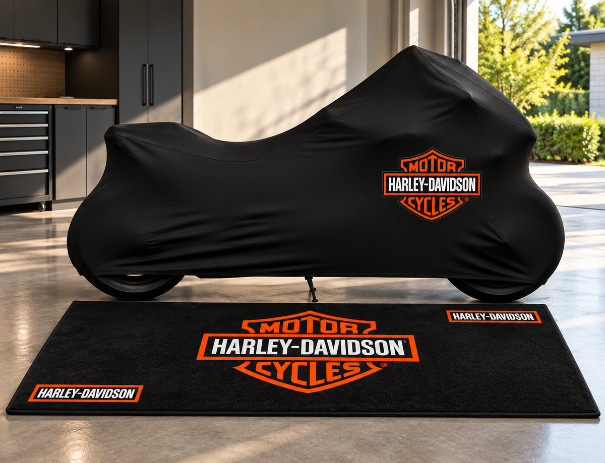 Harley Davidson Motorcycle Cover & Garage Rug Bundle – Custom Fit Indoor or Waterproof Outdoor Cover