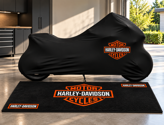 Harley Davidson Motorcycle Cover & Garage Rug Bundle – Custom Fit Indoor or Waterproof Outdoor Cover