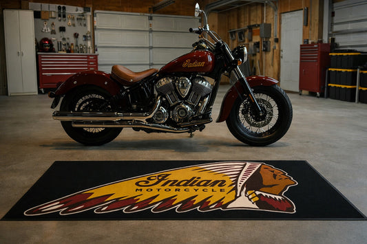 Indian Motorcycle Garage Floor Mat 32x87 Inches Premium Showroom Rug & Wall Decor Racing Style Bike Carpet