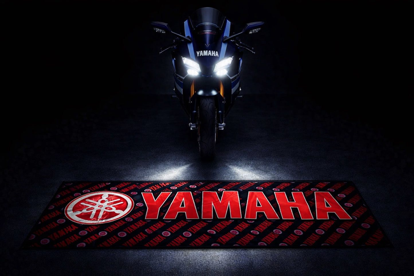 Yamaha Motorcycle Garage Floor Mat 32x87 Inches Premium Showroom Rug & Wall Decor Racing Style Bike Carpet